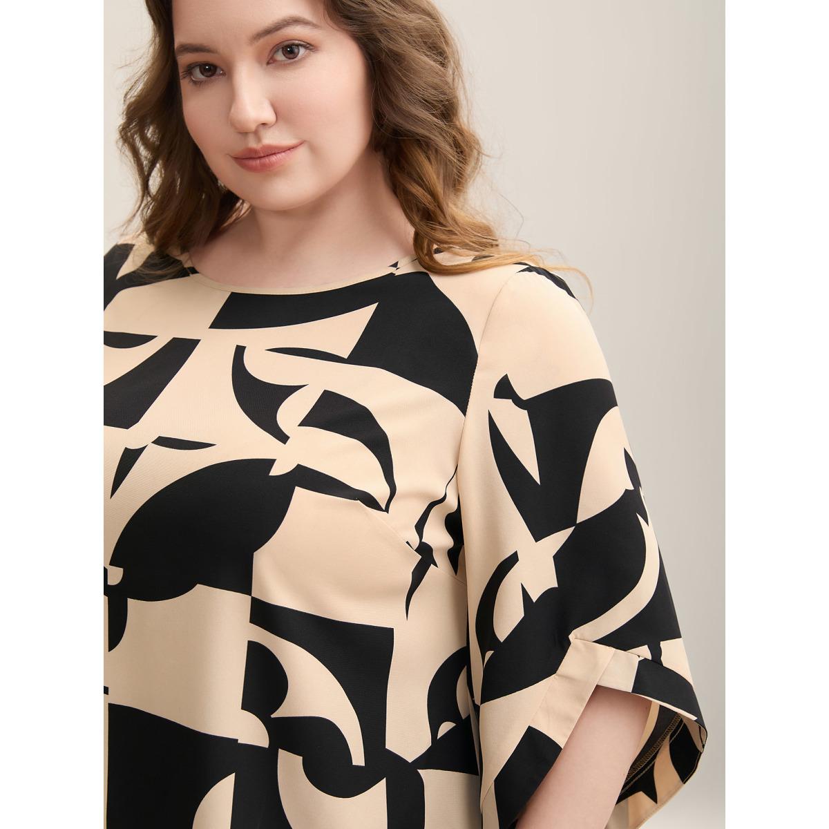 Plus Size Multicolor Geometric Pattern Tab Sleeve Flowy Blouse Women At the Office Elbow-length sleeve Round Neck Work Blouses BloomChic 14-16/1X Product Image