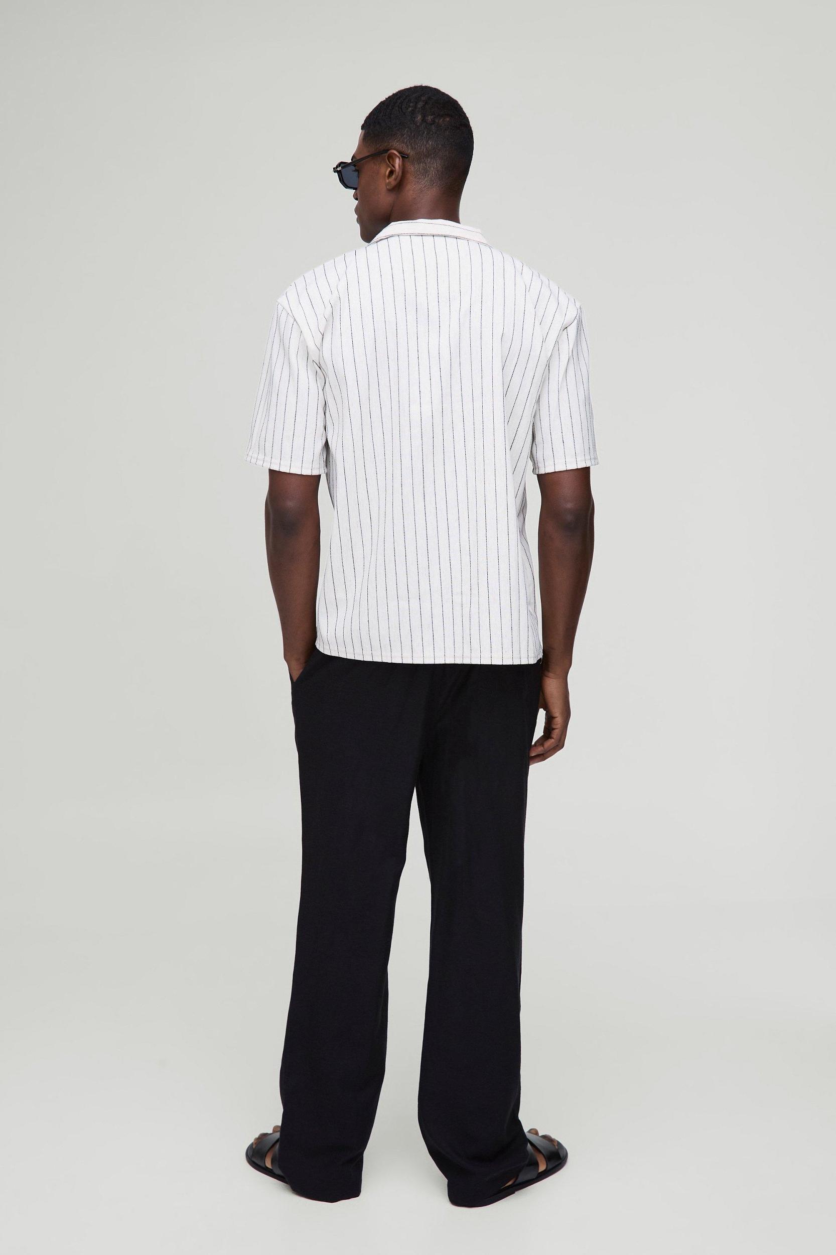 Oversized Linen Look Black Embroidery Striped Revere Shirt | boohooMAN USA Product Image