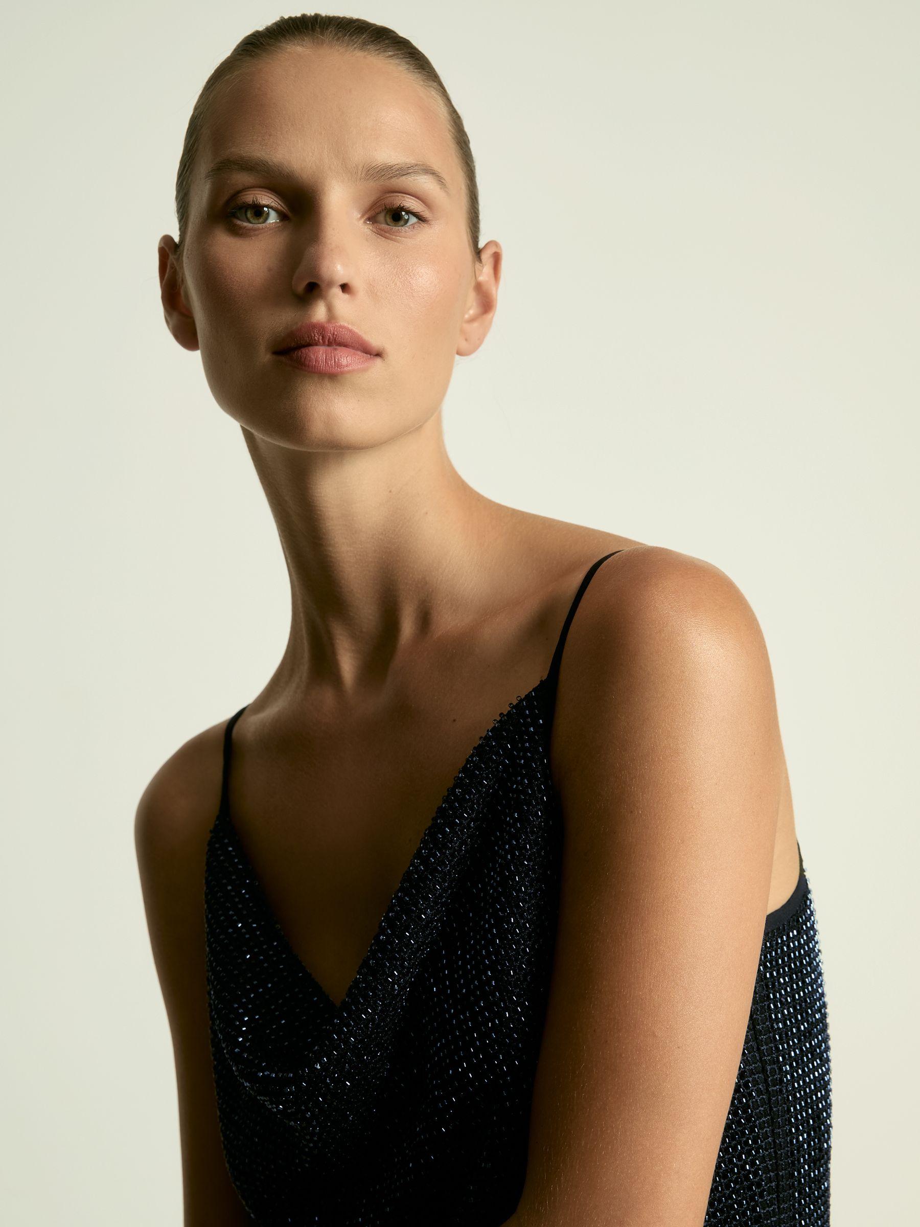 Cowl-Neck Beaded Mini Dress in Dark Blue Product Image