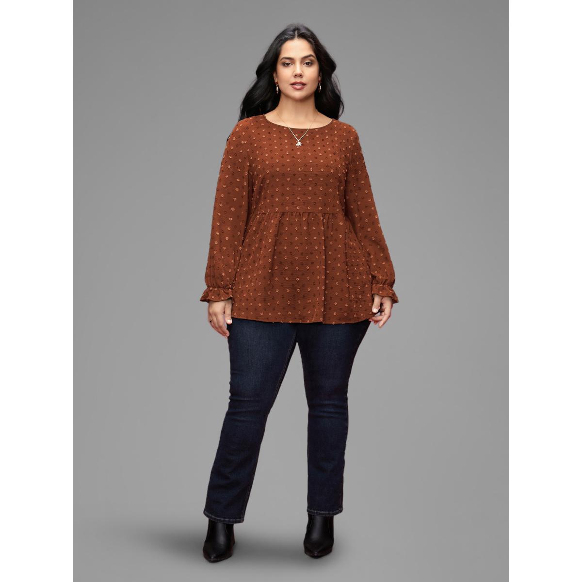 Plus Size Rust Textured Dot Elastic Cuffs A-line Blouse Women Leisure Long Sleeve Round Neck Casual Blouses BloomChic 26/4X Product Image