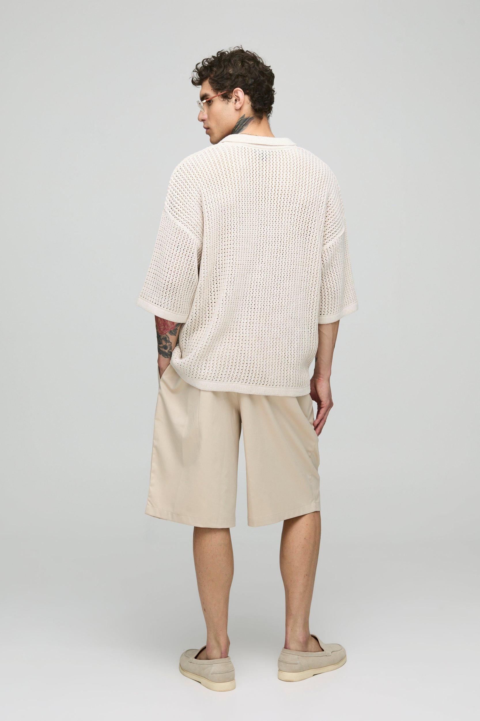 Oversized Open Stitch Knitted V Neck Polo | boohooMAN USA Product Image