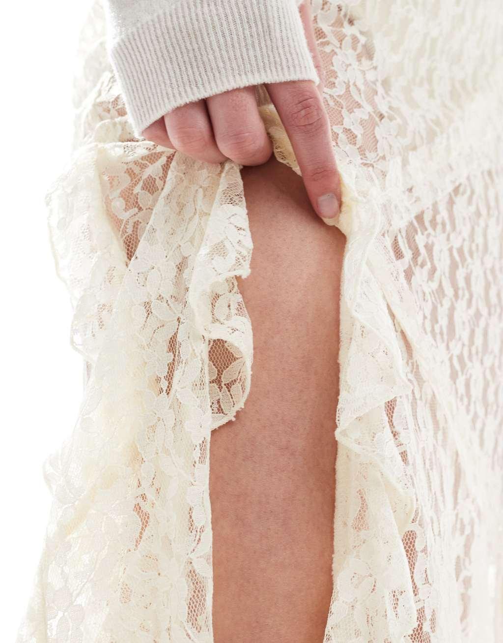 ASOS DESIGN Tall lace ruffle maxi skirt in cream Product Image