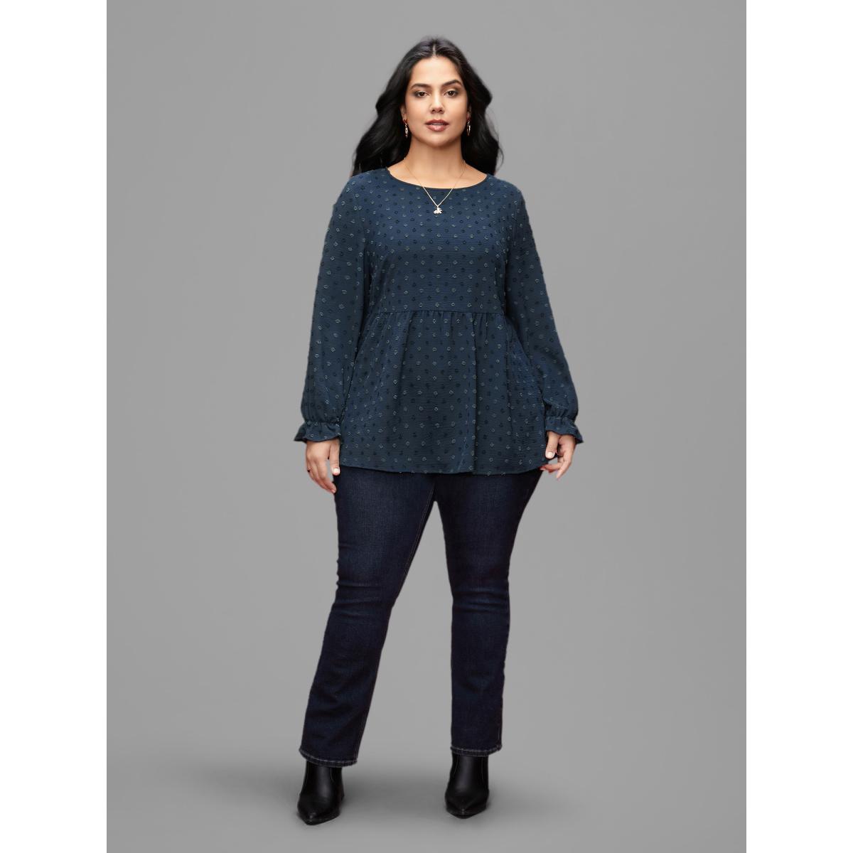 Plus Size Plum Textured Dot Elastic Cuffs A-line Blouse Women Leisure Long Sleeve Round Neck Casual Blouses BloomChic 10/M Product Image