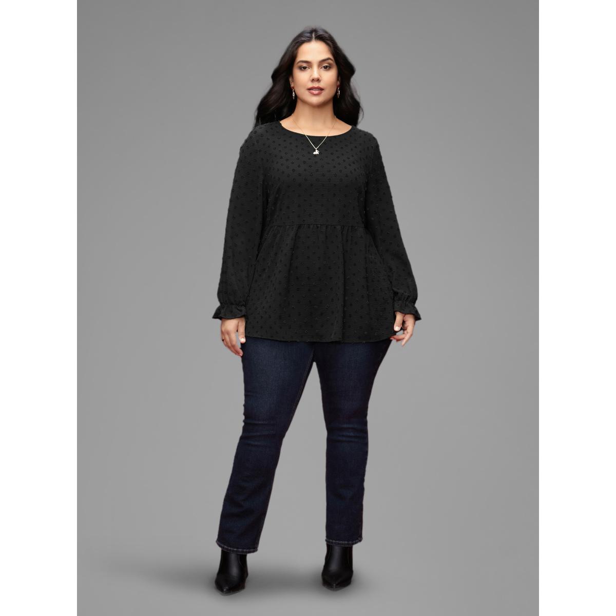 Plus Size Black Textured Dot Elastic Cuffs A-line Blouse Women Leisure Long Sleeve Round Neck Casual Blouses BloomChic 10/M Product Image