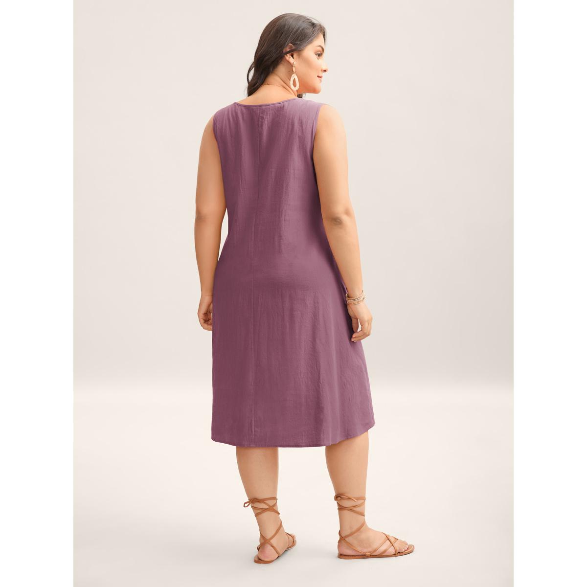Plus Size Cotton Toothpick Pleat Plain Midi Dress Lilac Women Resort Notched collar Sleeveless Curvy BloomChic 18-20/2X Product Image