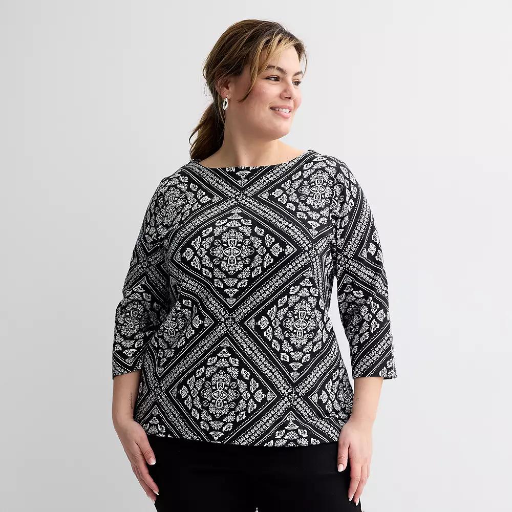 Plus Size Croft & Barrow® Boatneck Top, Women's, Size: 3XL, Black Scarf Tile Product Image