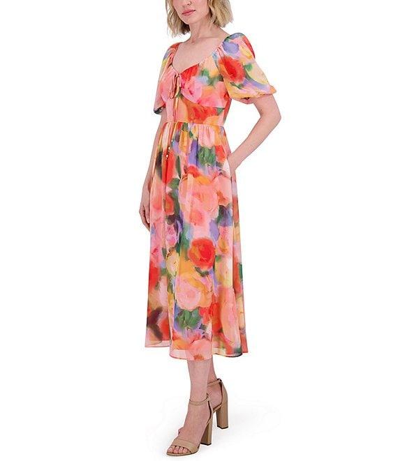 Vince Camuto Chiffon Floral Print V-Neck Short Sleeve A-Line Midi Dress Product Image