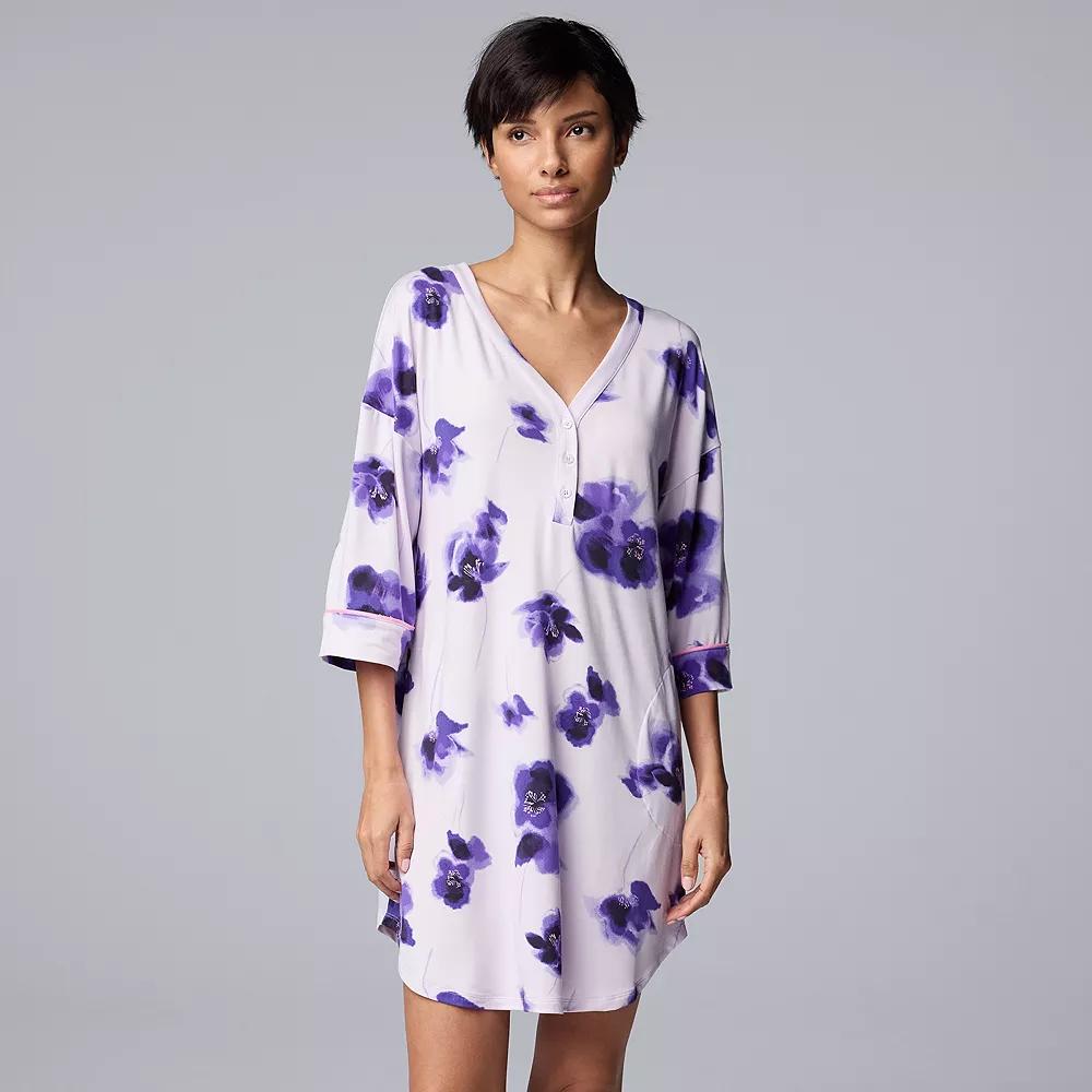 Women's Simply Vera Vera Wang Cozy Elbow Sleeve Henley Sleepshirt, Size: Small, Purple Floral Product Image