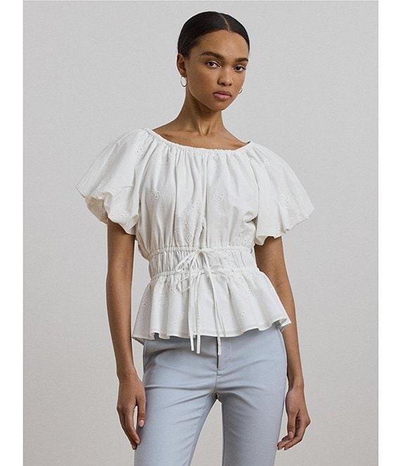 Lauren Ralph Lauren Woven Round Neck Short Sleeve Eyelet Embriodered Peplum Blouse Product Image