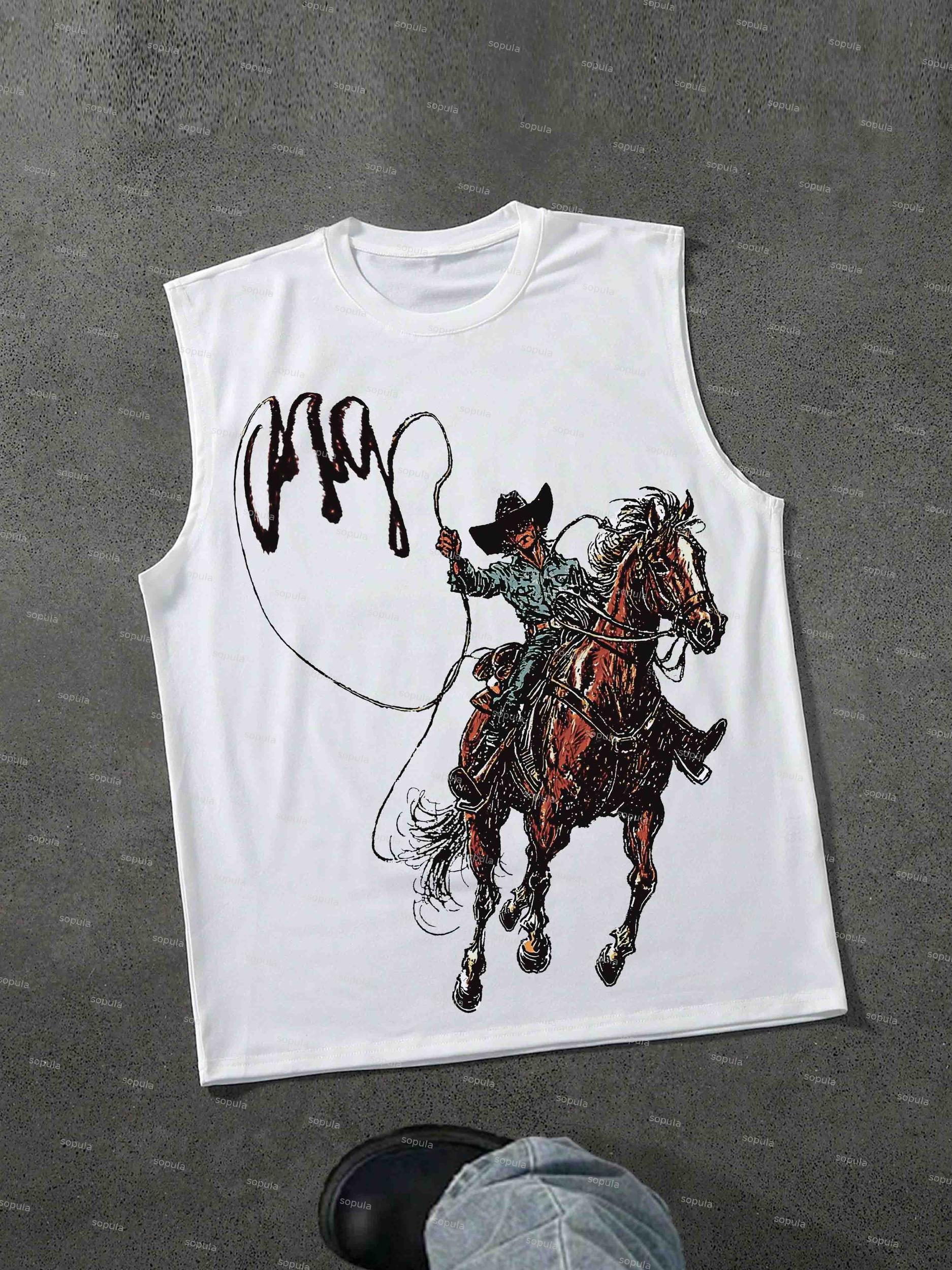 Men's Vintage Western Cowboy Graphic Sleeveless Shirts Tank Top Product Image