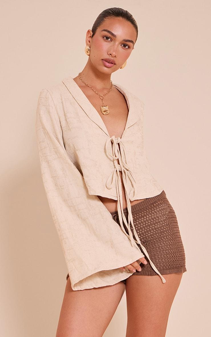 Sand Textured Lightweight Woven Tie Front Shirt Product Image