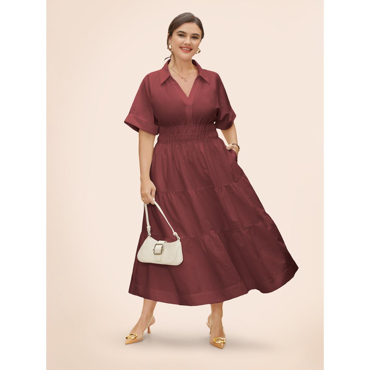 Plus Size Midfield Tiered Midi Shirt Dress Burgundy Women At the Office Gathered Shirt collar Short sleeve Curvy BloomChic 30/6X Product Image