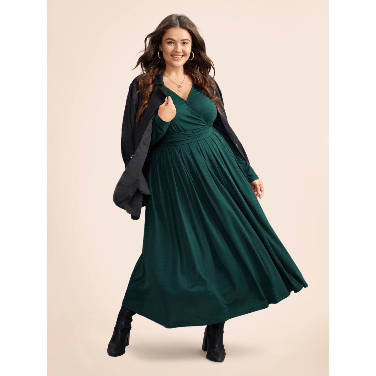 Plus Size Supersoft Essentials Ruched Wrap Pleated Hem Dress DarkGreen Women Casual Non Overlap Collar Long Sleeve Curvy Midi Dress BloomChic 14-16/1X Product Image