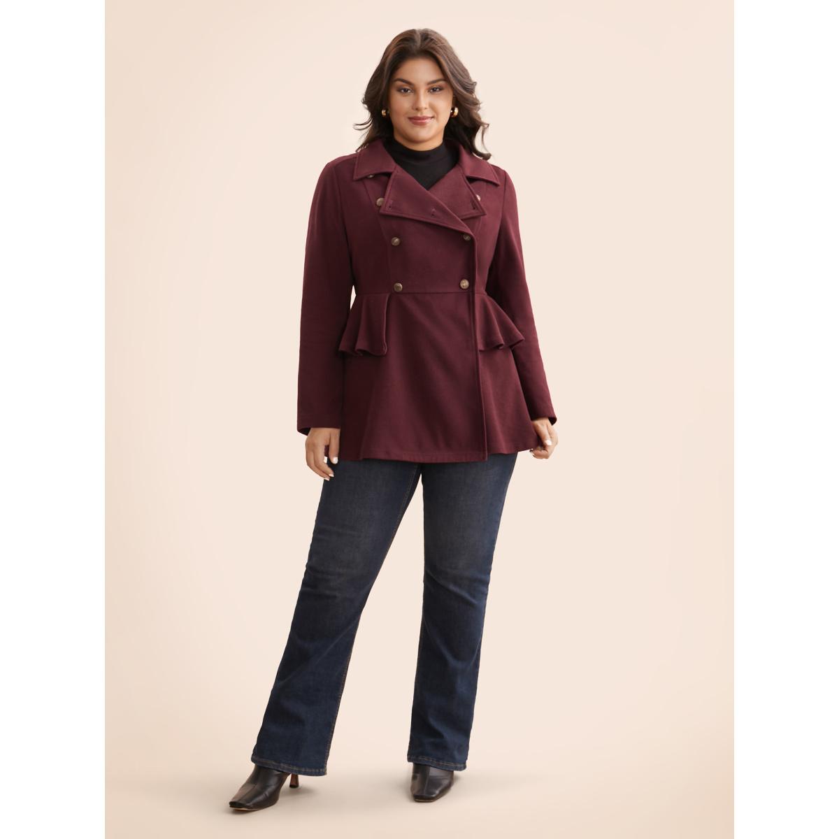 Plus Size Plain Button Up Ruffle Trim Coat Women Scarlet Elegant Button Bodycon Ladies Everyday Winter Coats BloomChic 14-16/1X Product Image