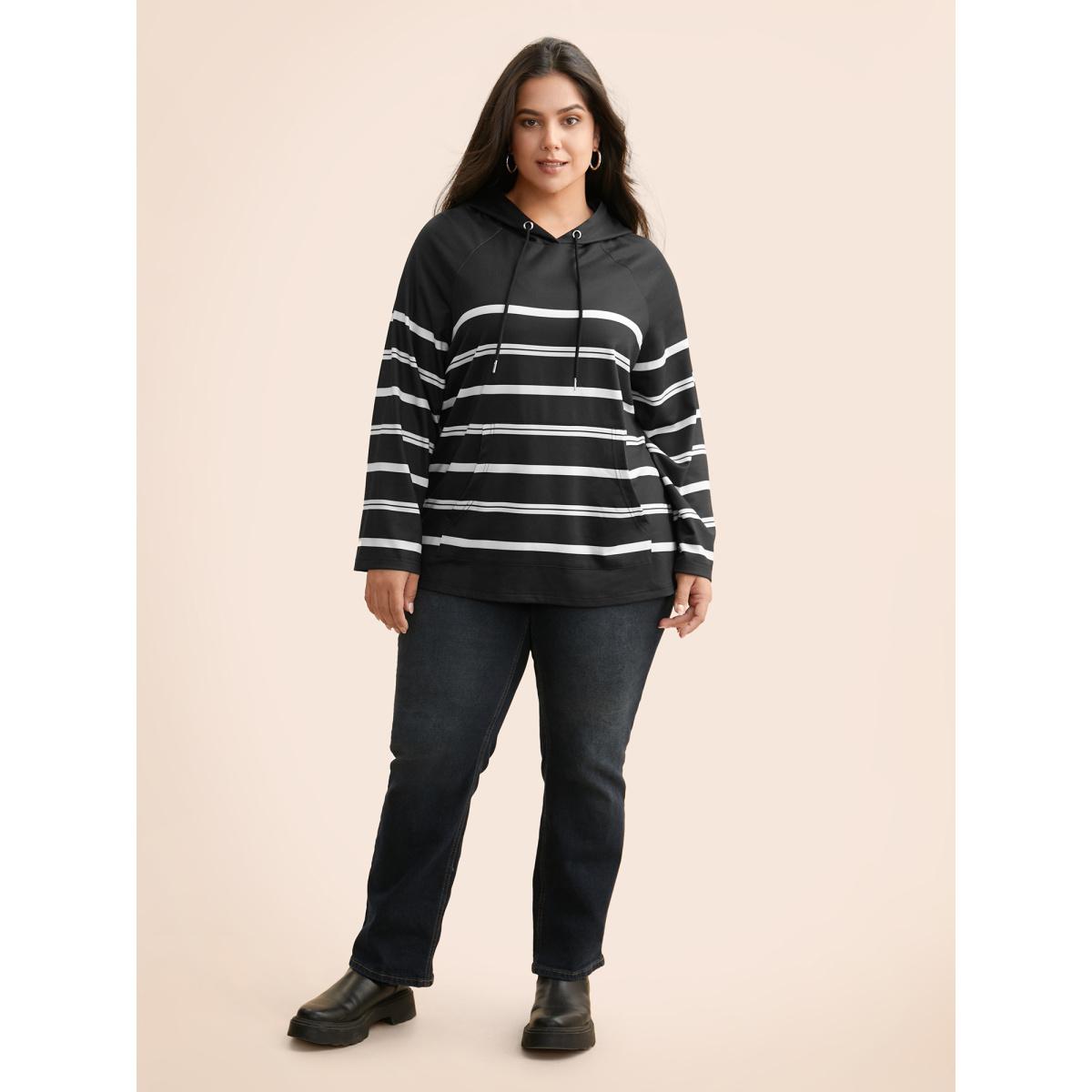 Plus Size Striped Hooded Drawstring Raglan Sleeve Sweatshirt Women Black Casual Eyelet Loose Hooded Everyday Sweatshirts BloomChic 12/L Product Image