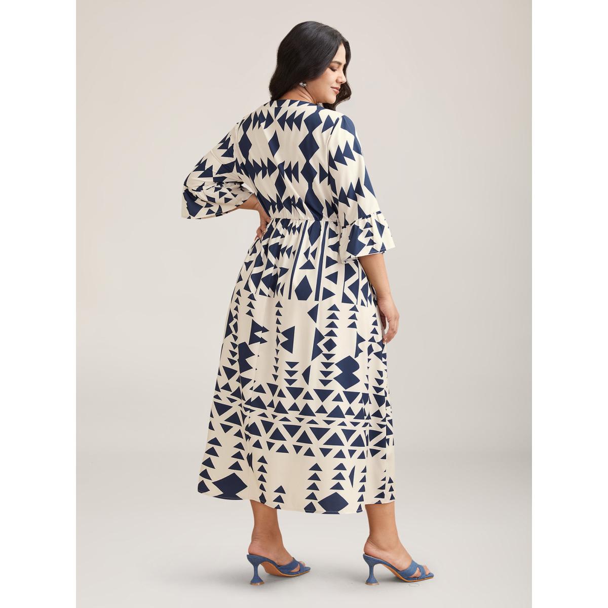Plus Size Geometric Print Stretchy Waist Pockets Maxi Dress Beige Women Resort Ruffles Flat collar with V-notch Elbow-length sleeve Curvy BloomChic 12/L Product Image