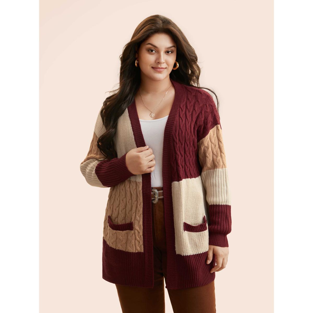 Plus Size Colorblock Contrast Cable Knit Pocket Cardigan Maroon Women Casual Loose Long Sleeve Everyday Cardigans BloomChic 28/5X Product Image