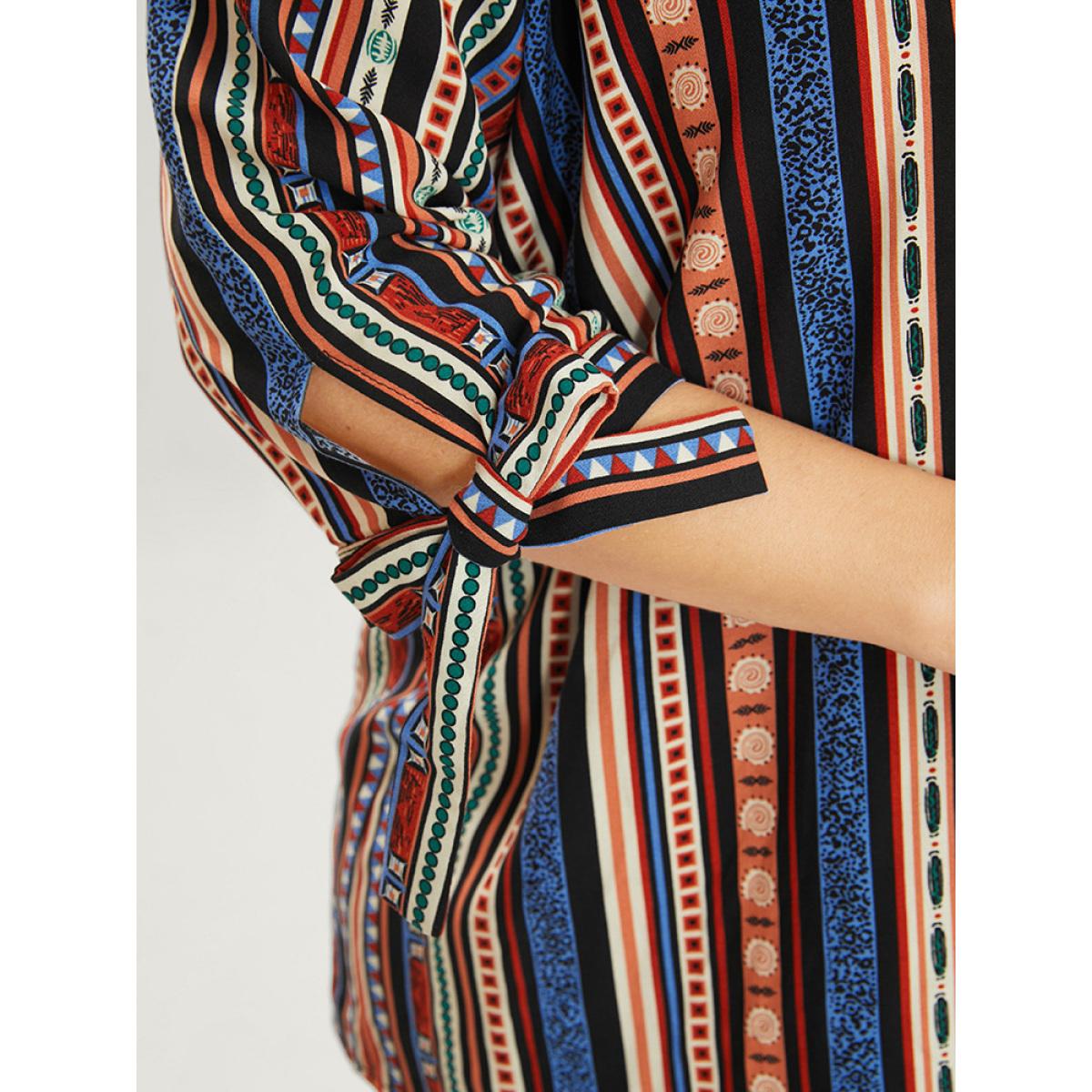 Plus Size Black Striped Geometric Patchwork Knotted Sleeve Blouse Women Vacation Elbow-length sleeve V-neck Dailywear Blouses BloomChic 12/L Product Image