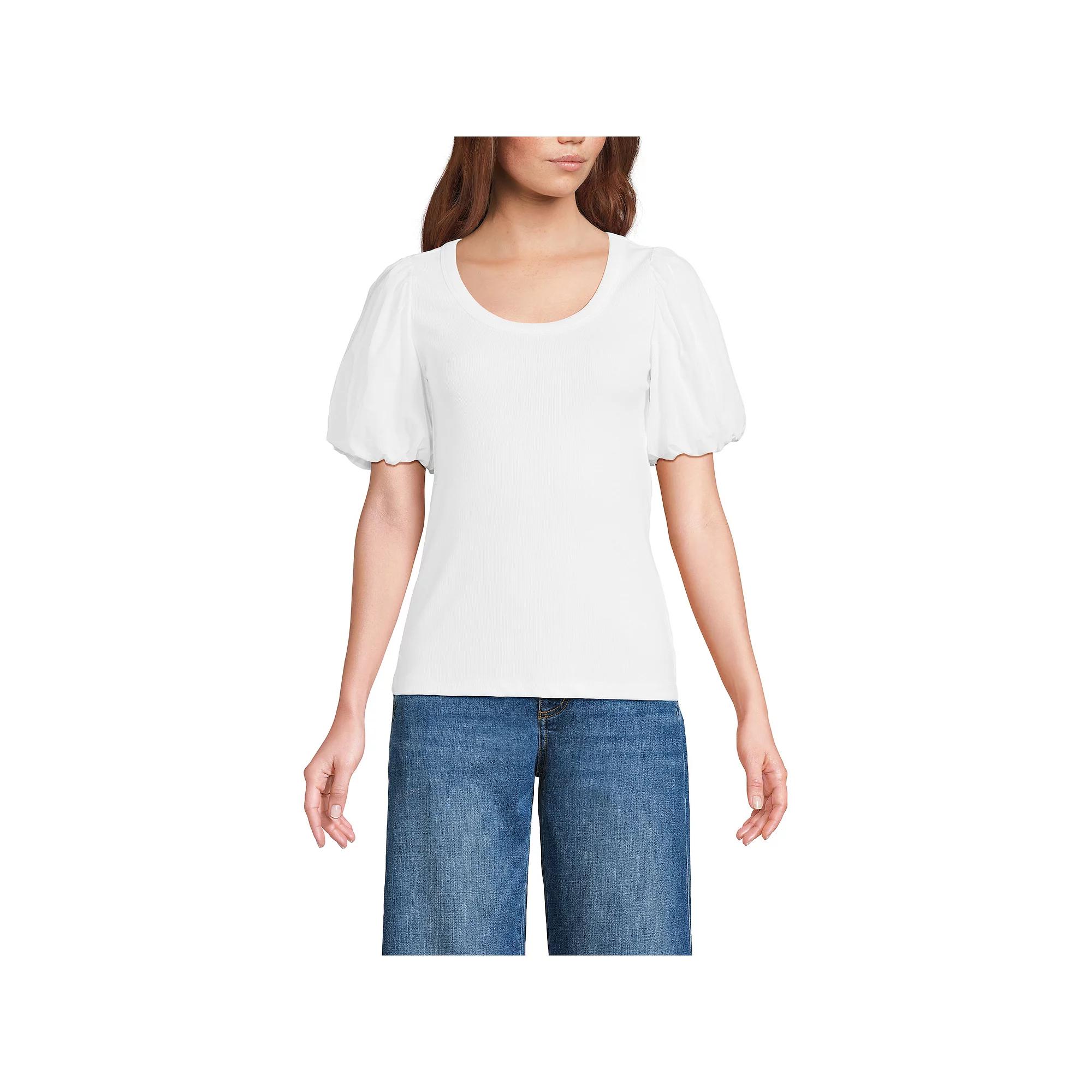 Petite Lands' End Drapey Rib Puff Sleeve Scoopneck Top, Women's,  Product Image