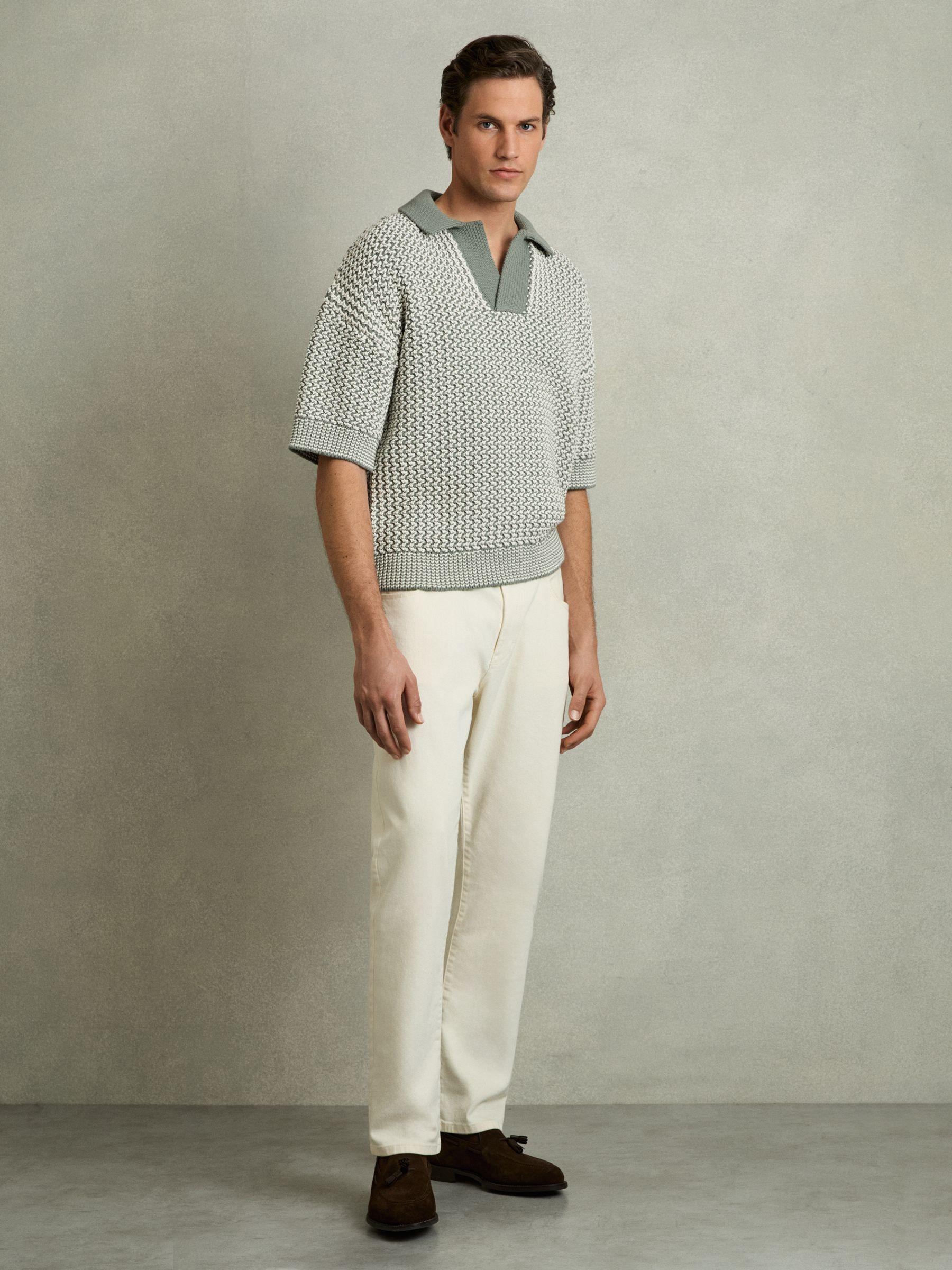 Chunky-Knit Open-Collar Polo Shirt in Sage/Off White Product Image