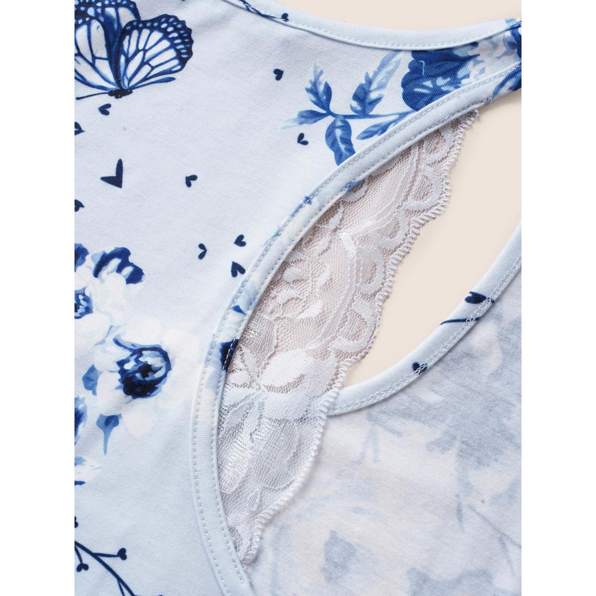 Plus Size Floral Print Lace Patchwork Pajama Sets Women Stone Floral Non Sleeveless Square Neck Lounge Loungewear Sets BloomChic 14-16/1X Product Image