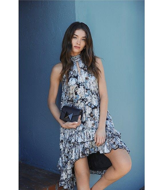 Mac Duggal Chiffon Floral Metallic Print Halter Neck Sleeveless Hi Low Ruffle Hem Shift Mini Dress Product Image