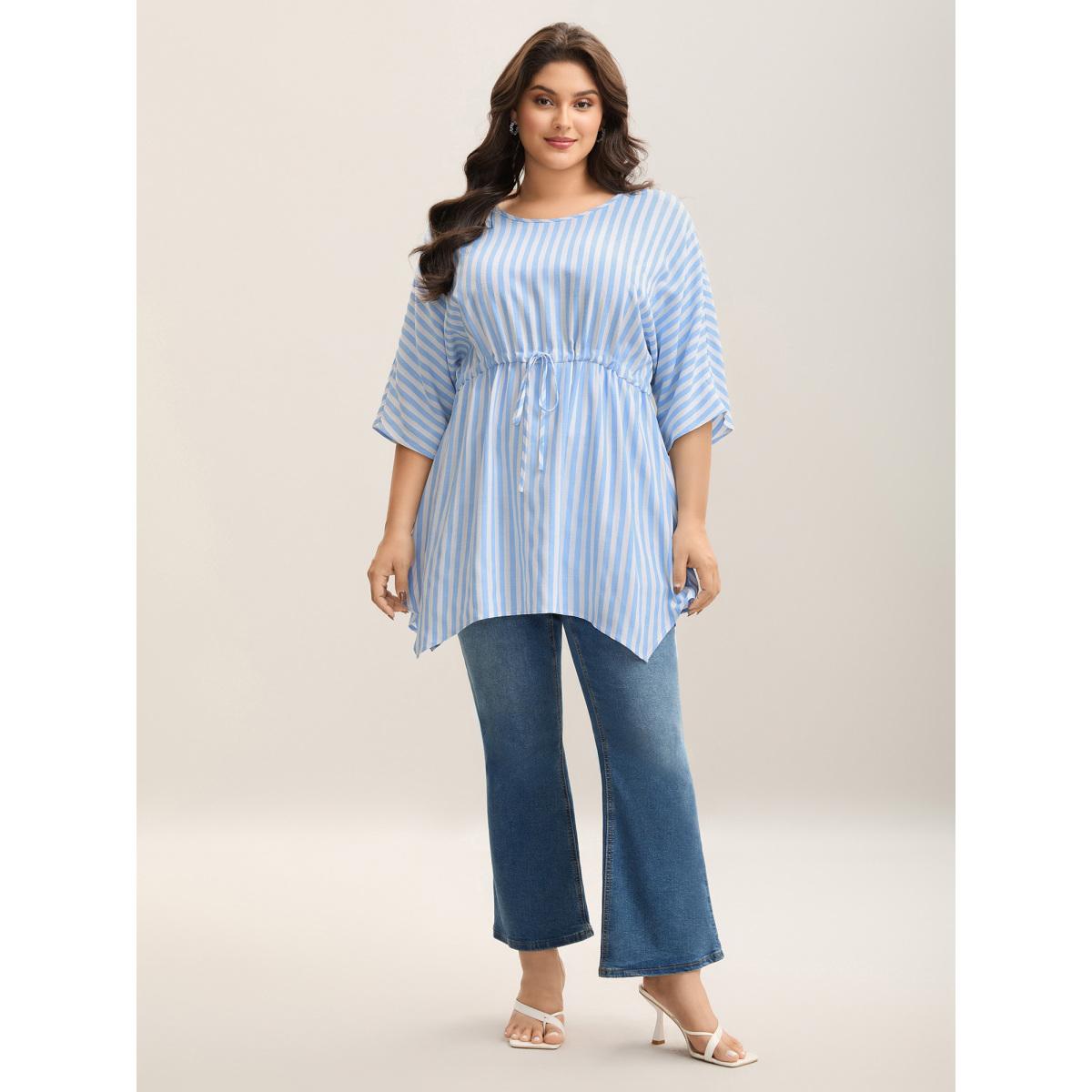 Plus Size LightBlue Cotton Linen Blend Striped Tied Blouse Women Elbow-length sleeve Round Neck Everyday-Elegant Blouses BloomChic 14-16/1X Product Image