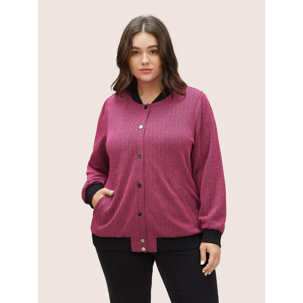 Plus Size Contrast Textured Baseball Collar Jacket Women RedViolet Non Side seam pocket Everyday Jackets BloomChic 14-16/1X Product Image