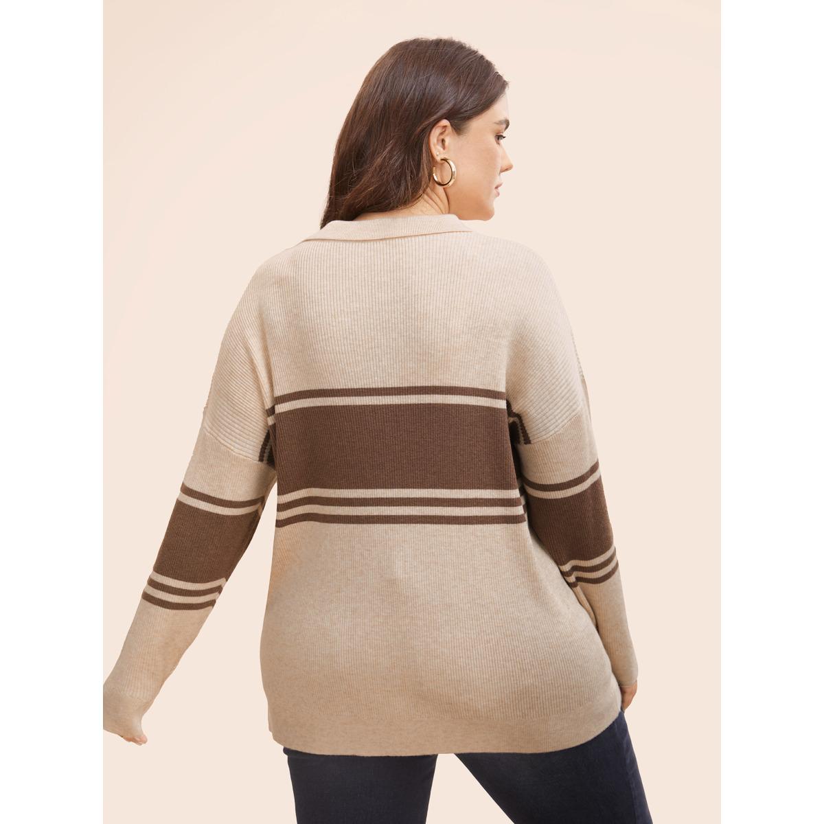Plus Size Colorblock Contrast Striped Polo Neck Pullover Beige Women Casual Long Sleeve Polo Everyday Pullovers BloomChic 14-16/1X Product Image