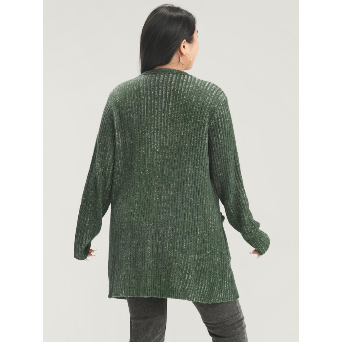 Plus Size Solid Pointelle Knit Heather Rib Knit Open Front Cardigan ArmyGreen Women Casual Loose Long Sleeve Office Cardigans BloomChic 12/L Product Image