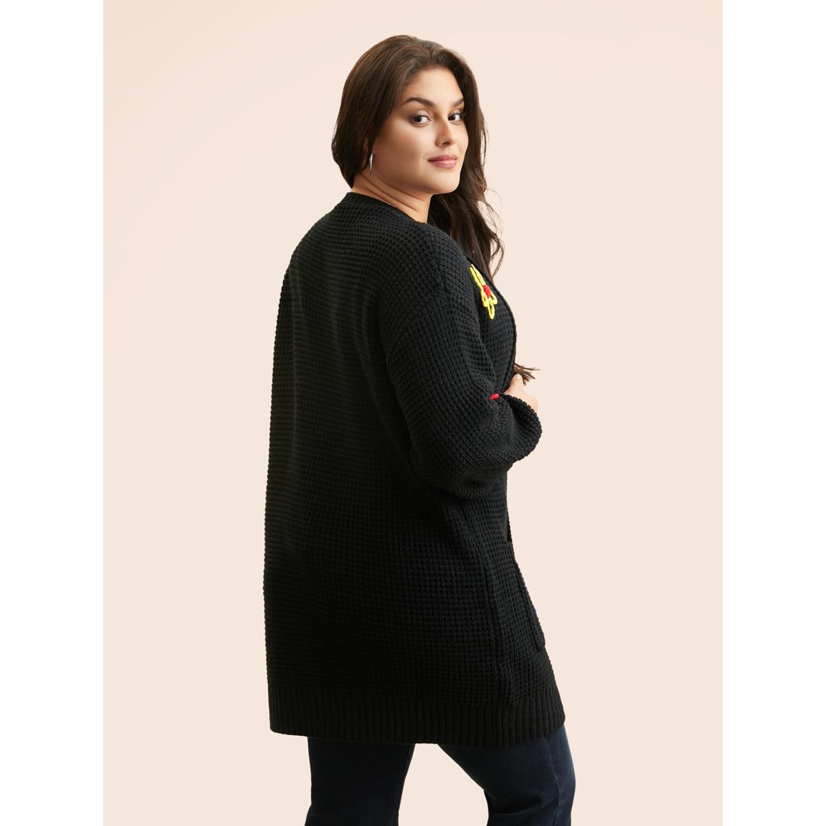 Plus Size Crochet Floral Puff Sleeve Pocket Cardigan Black Women Casual Loose Long Sleeve Everyday Cardigans BloomChic 28/5X Product Image