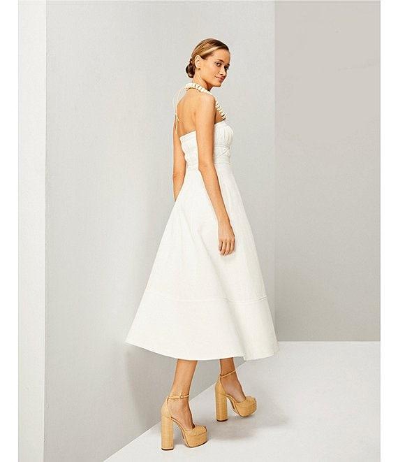 Le' AL.X Woven Ruched Straight Keyhole Neck Spaghetti Strap A-Line Midi Dress Product Image