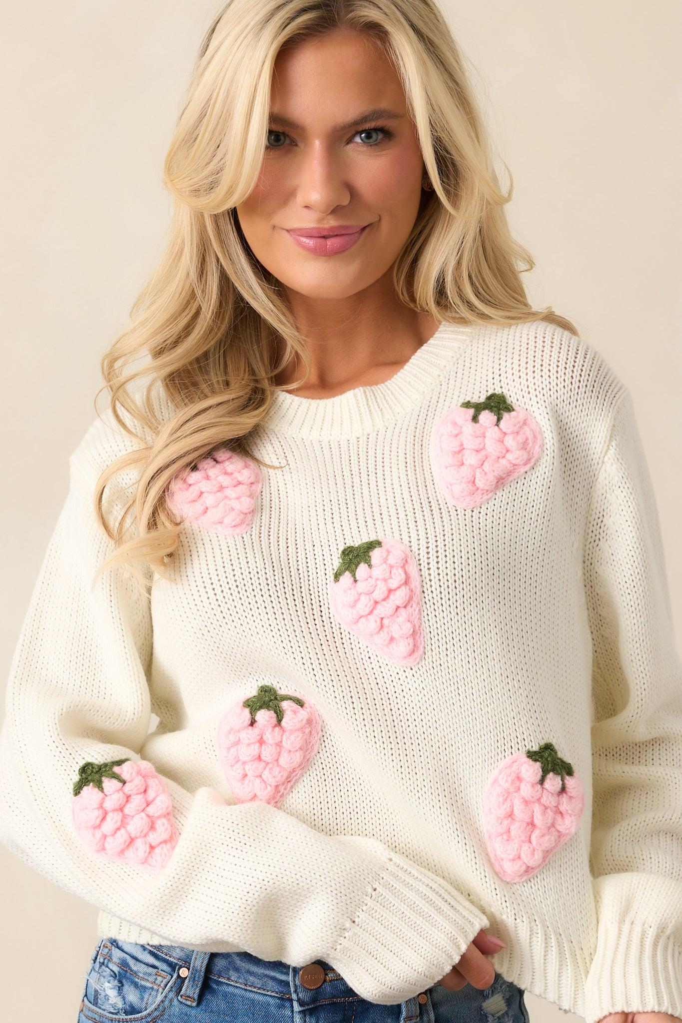 Berry Patch Picnic Ivory Crochet Strawberry Sweater Product Image