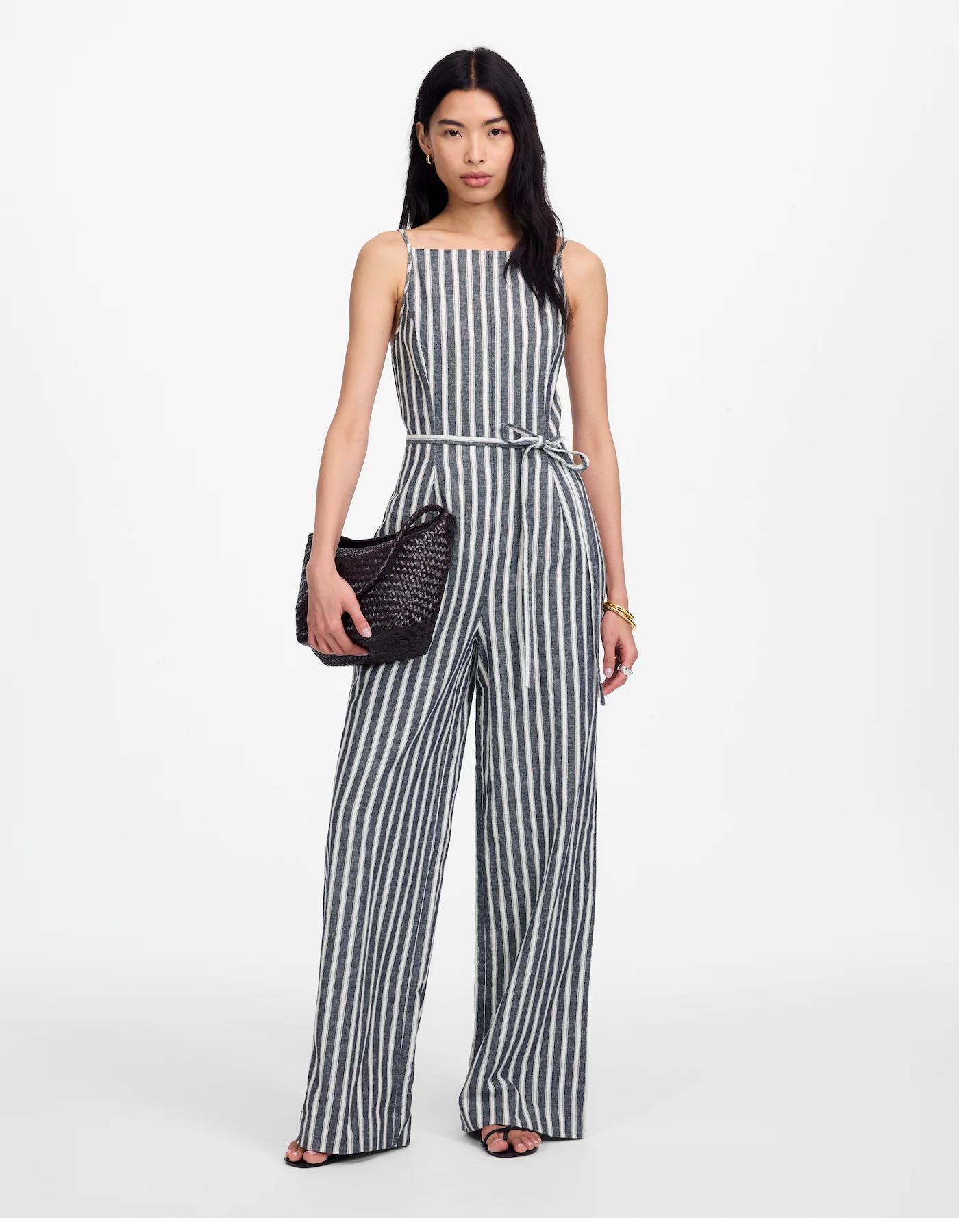 Pleated Wide-Leg Jumpsuit in Pinstripe Linen Product Image