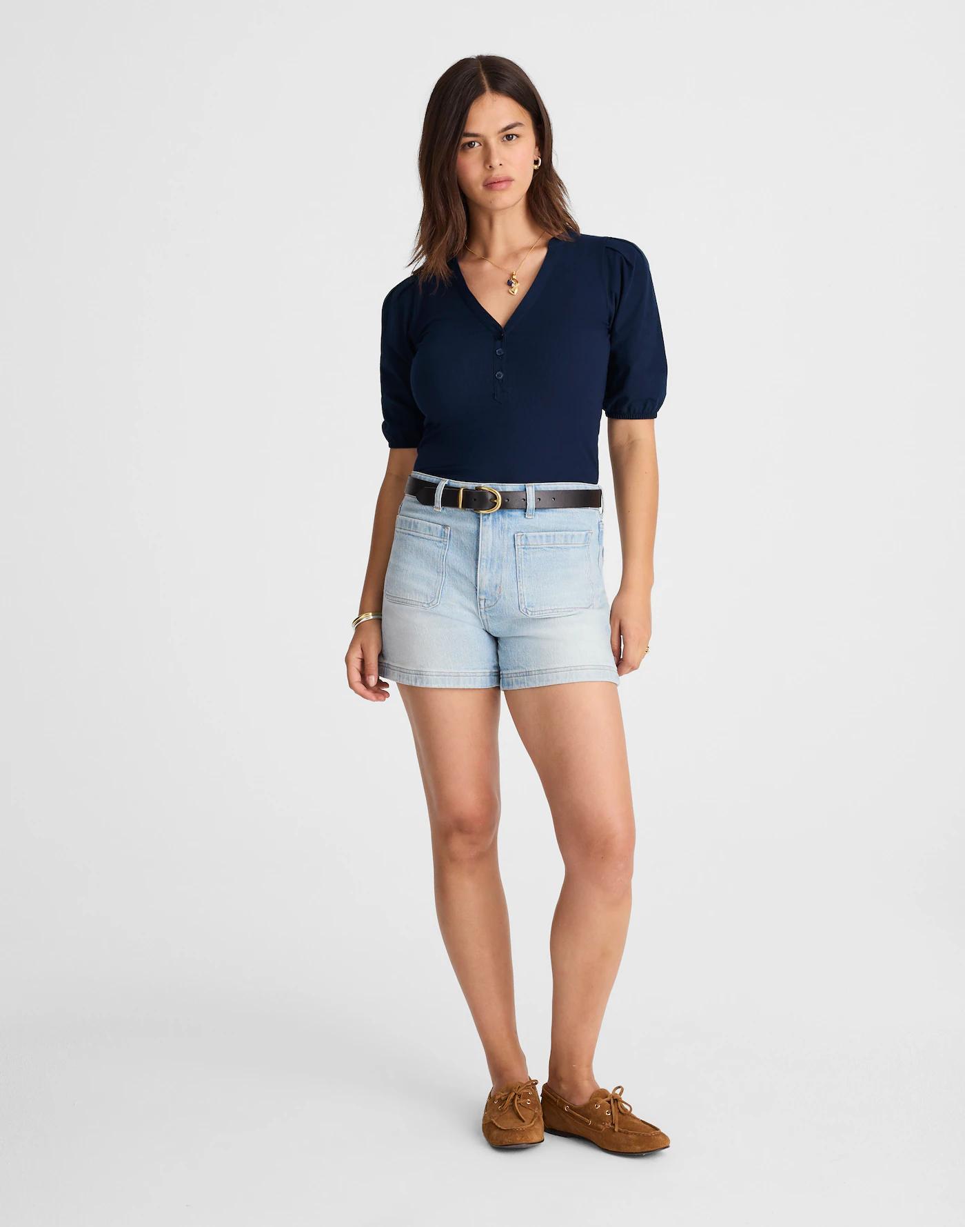 Puff-Sleeve Henley Knit Top Product Image