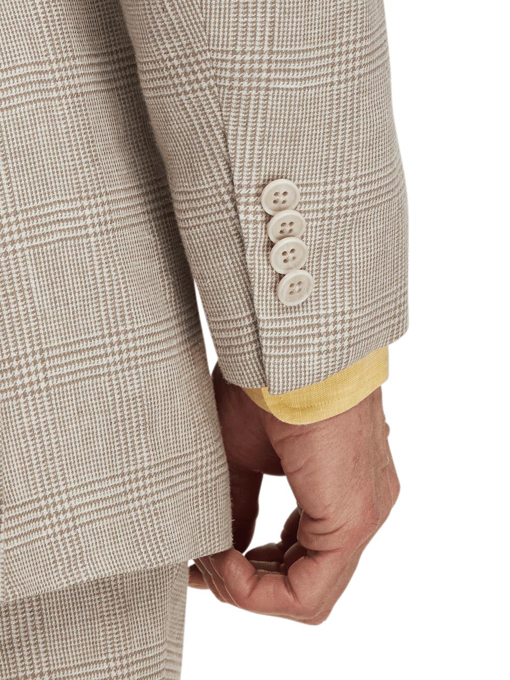 Linen Blend Plaid Double Breasted Peak Lapel Suit Jacket - Tan Product Image