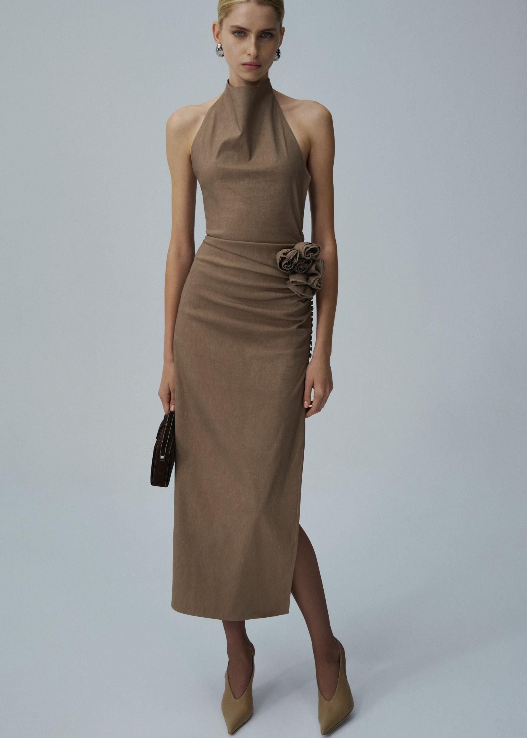 High neck floral applique midi dress in beige Product Image