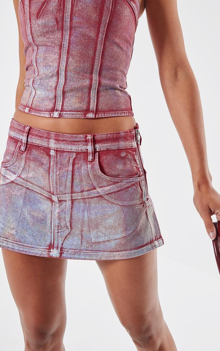 Cherry Red Silver Metallic Foil Effect Denim Micro Mini Skirt Product Image