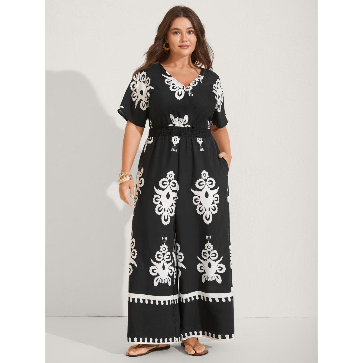 Plus Size Black Boho Print Shirred Waist Surplice Jumpsuit Women Boho Short sleeve V-neck Vacation Loose Jumpsuits BloomChic 30/6X Product Image