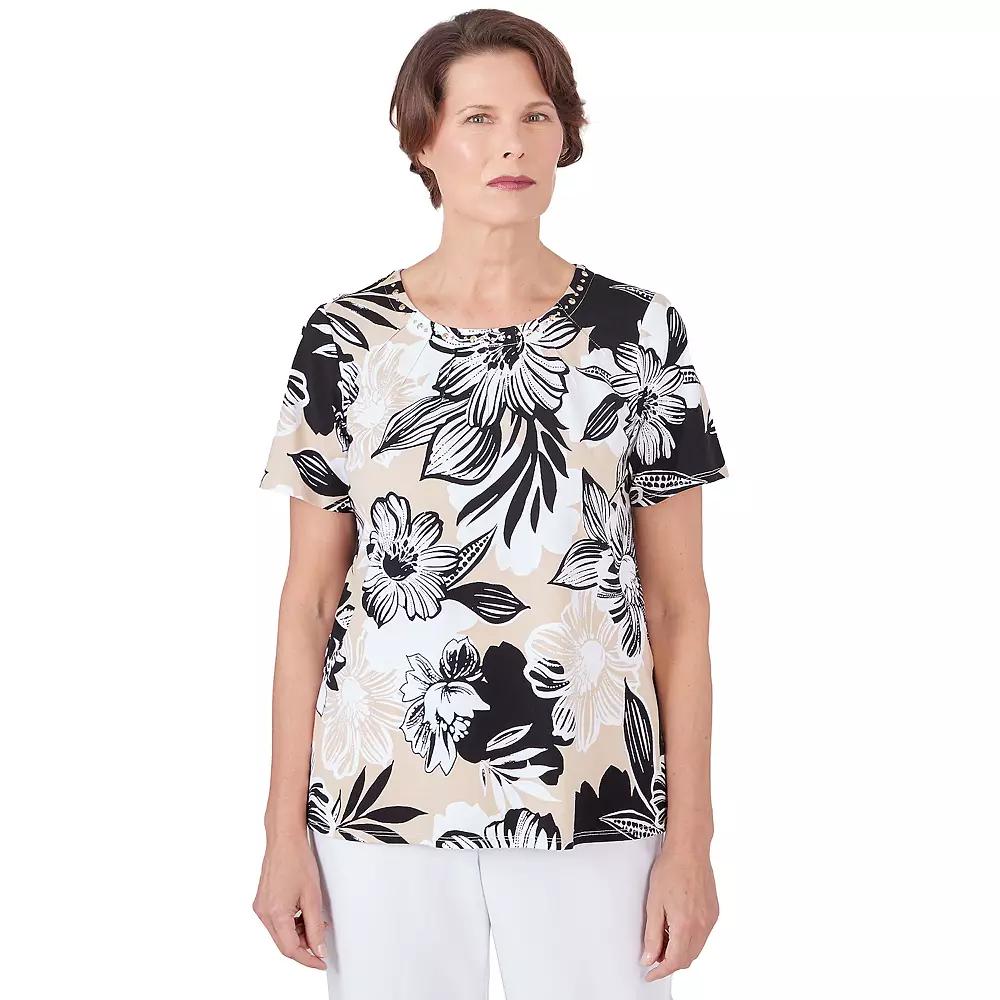 Women's Alfred Dunner Pleated Neck Bold Floral Short Sleeve Tee, Size: Small, Black Product Image