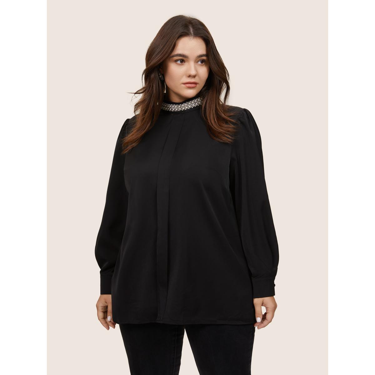 Plus Size Black Anti-Wrinkle Pearl Beaded Contrast Webbing Blouse Women Glamour Long Sleeve Round Neck Going out Blouses BloomChic 14-16/1X Product Image