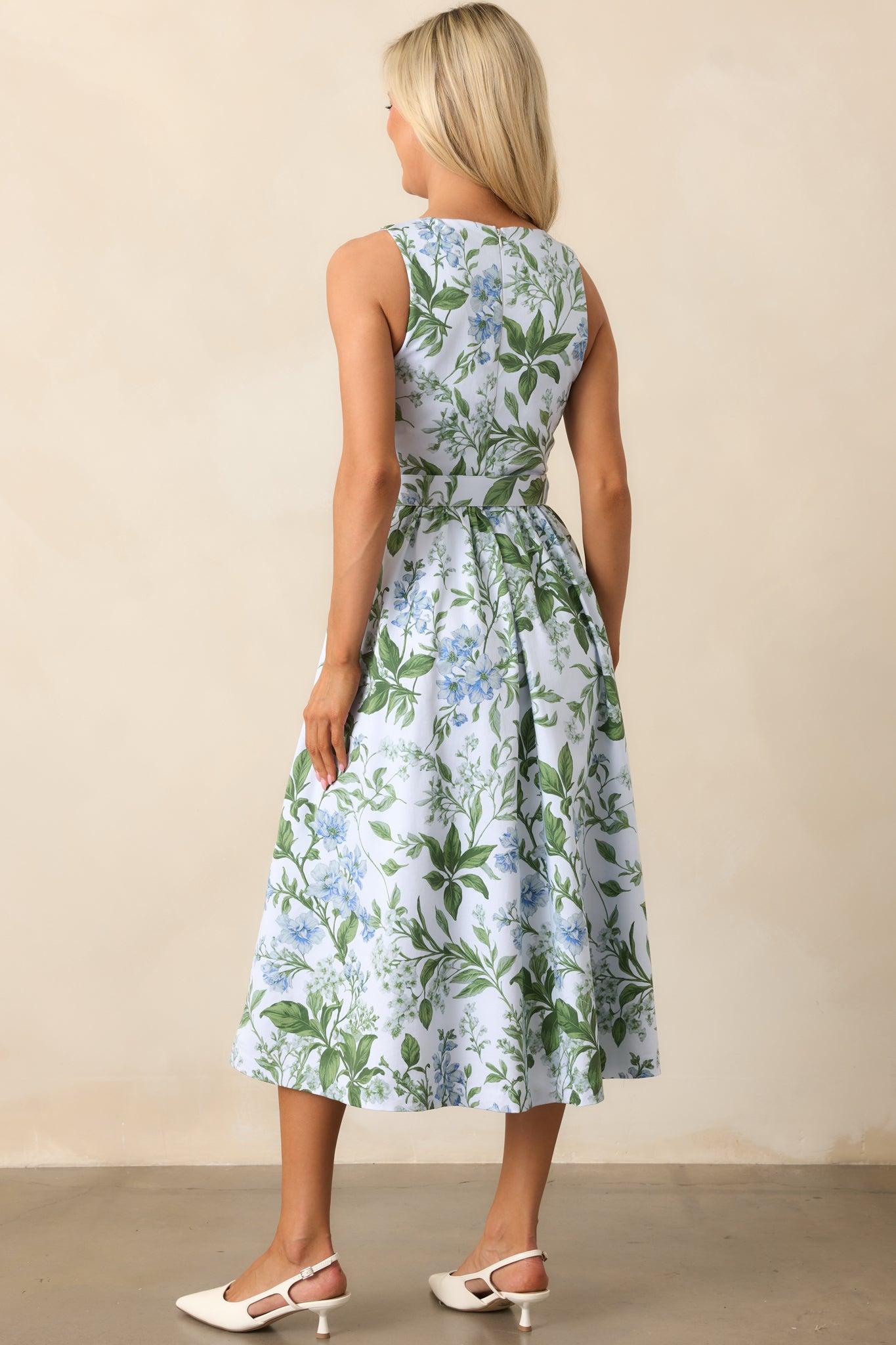Ava Blue Lilacs Botanical Print Cotton Belted Midi Dress Product Image