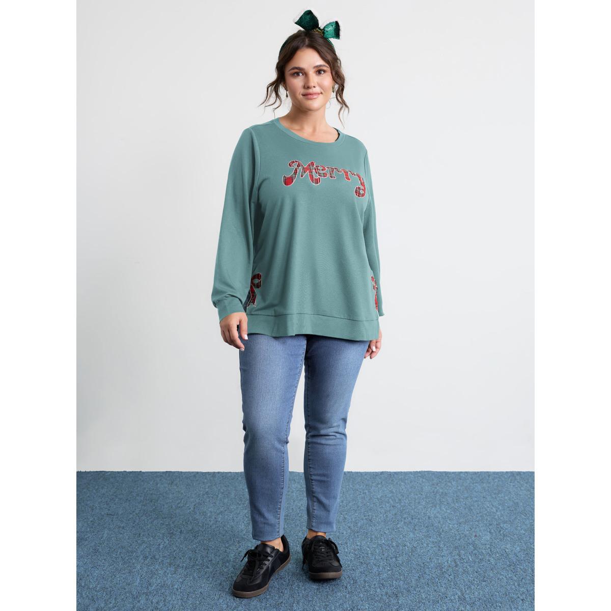 Plus Size Merry Applique Embroidery Sweatshirt Women Cerulean Playful Contrast Round Neck Casual Sweatshirts BloomChic 30/6X Product Image