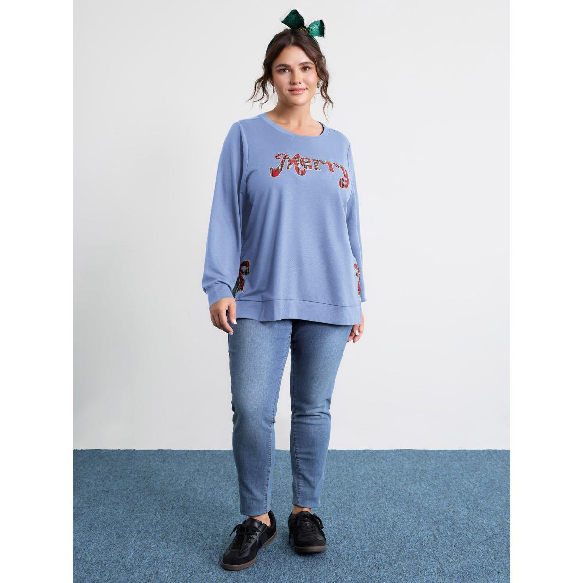 Plus Size Merry Applique Embroidery Sweatshirt Women Skyblue Playful Contrast Round Neck Casual Sweatshirts BloomChic 26/4X Product Image