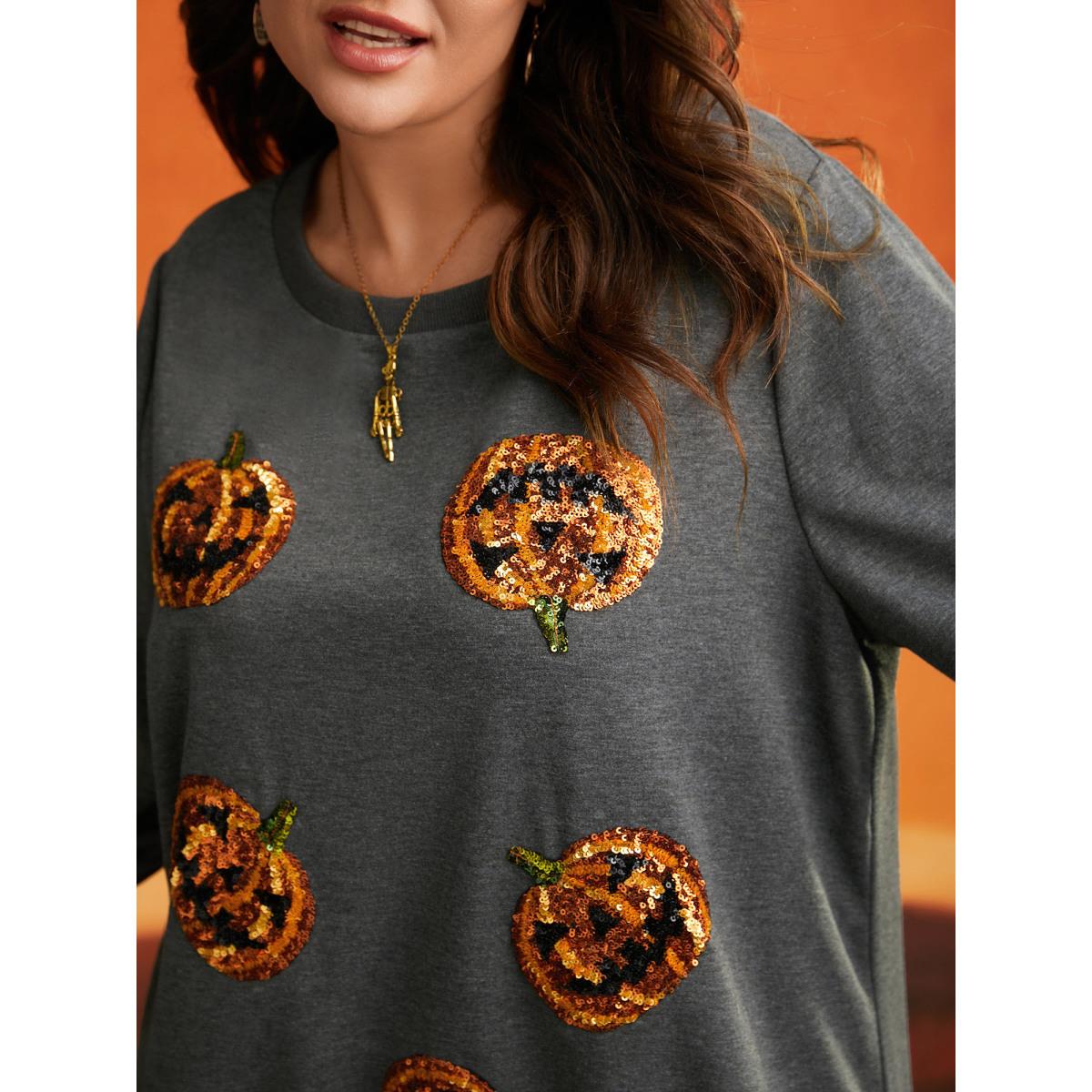 Plus Size Jack-O-Lantern Sequin Sweatshirt Women DimGray Casual Contrast Loose Round Neck Everyday Sweatshirts BloomChic 14-16/1X Product Image