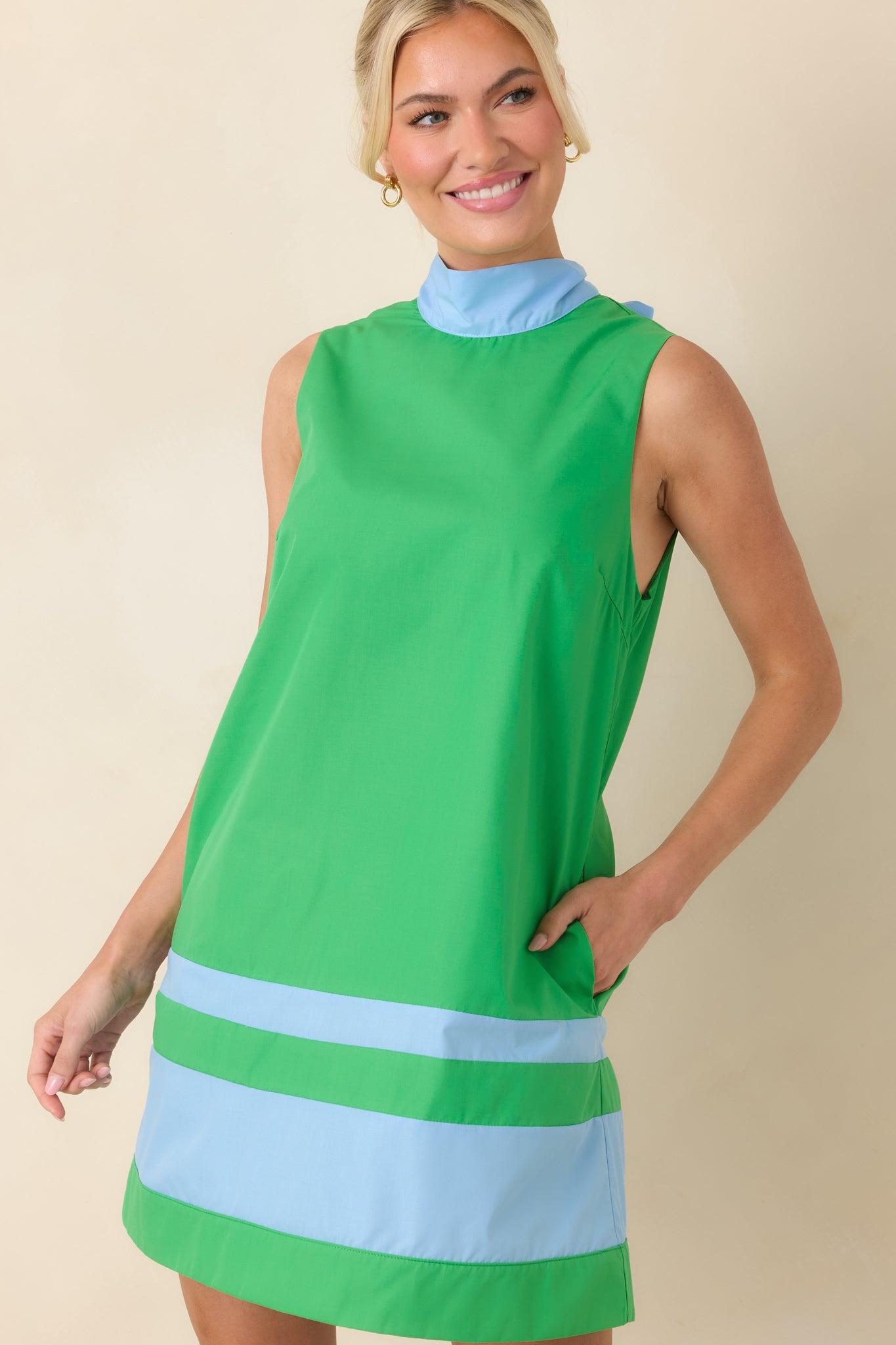 Up to Something Green & Light Blue Contrast Tie-Back Sleeveless Mini Dress L / Green Product Image
