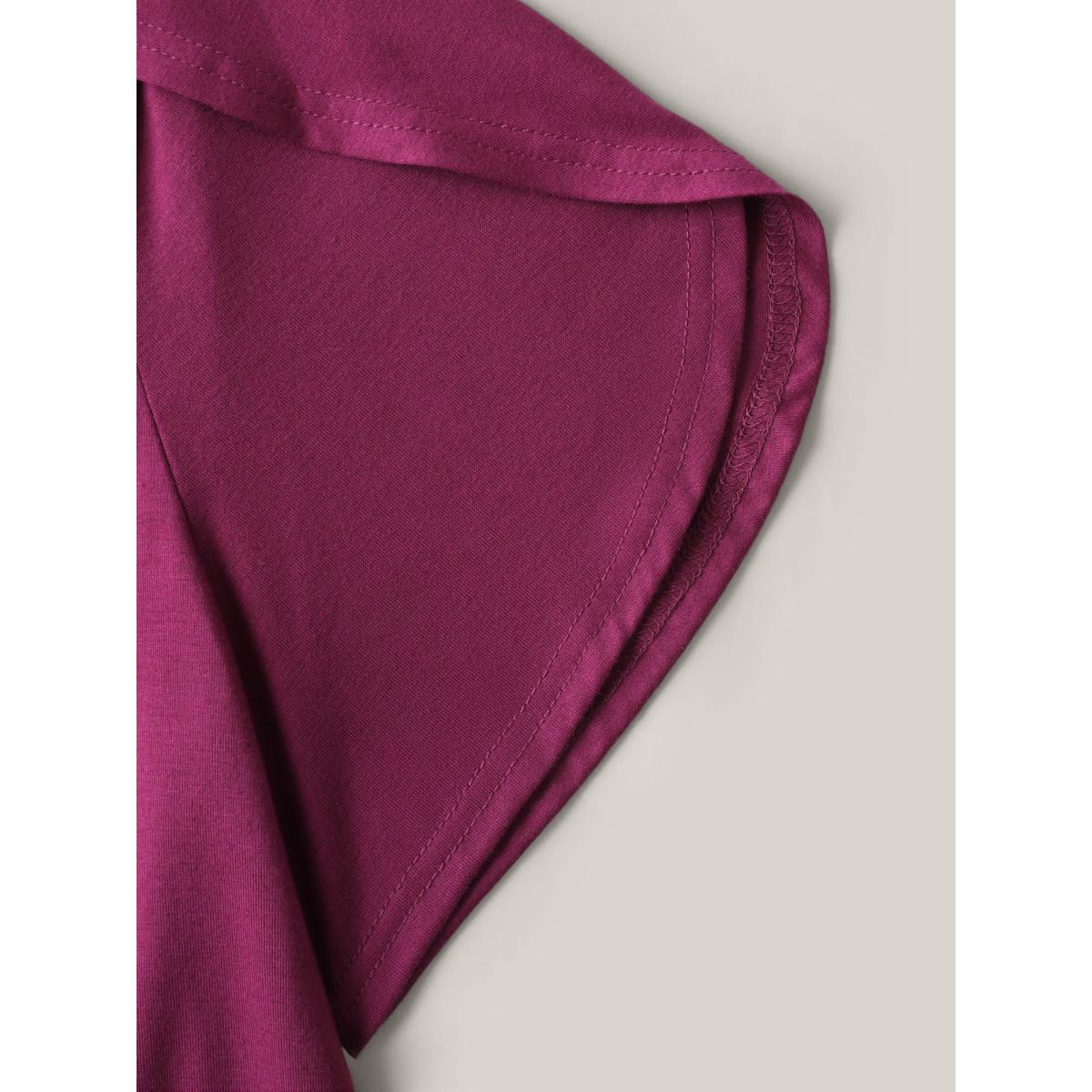 Plus Size Petal Sleeve Keyhole Plain T-Shirt RedViolet Women Petal edge V-neck Everyday-Casual T-shirts BloomChic 18-20/2X Product Image