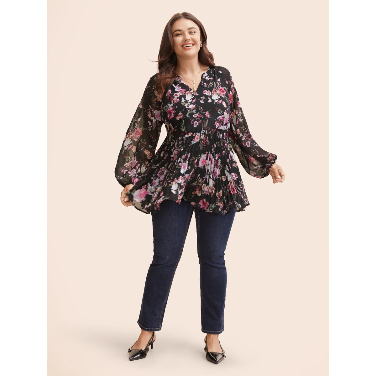 Plus Size Black Chiffon Floral Pleated Pocket Blouse Women Elegant Long Sleeve Flat collar with V-notch Everyday Blouses BloomChic 12/L Product Image