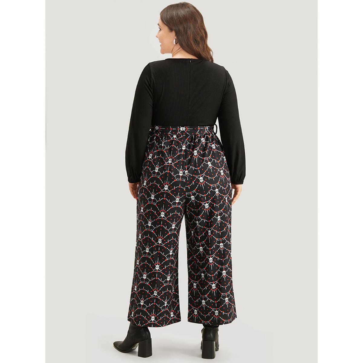 Plus Size Black Halloween Skull Print Patchwork Belted Jumpsuit Women Elegant Long Sleeve Square Neck Festival-Halloween Loose Jumpsuits BloomChic 26/4X Product Image