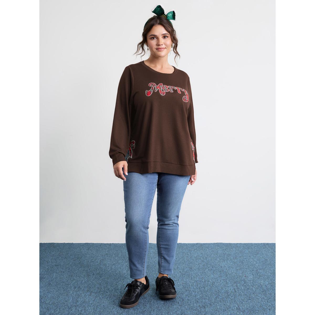 Plus Size Merry Applique Embroidery Sweatshirt Women DarkBrown Playful Contrast Round Neck Casual Sweatshirts BloomChic 12/L Product Image